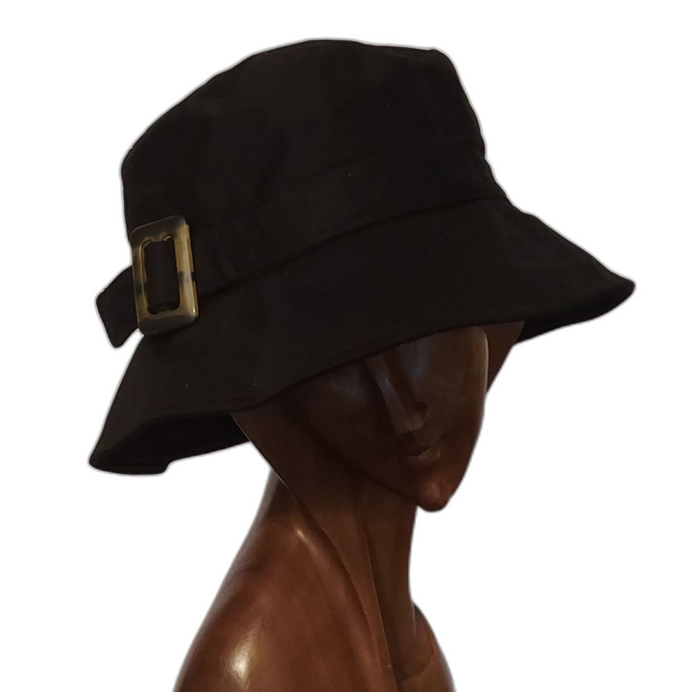 Black Cloche Bucket Hat with Tortoiseshell Buckle Women's Packable Hat